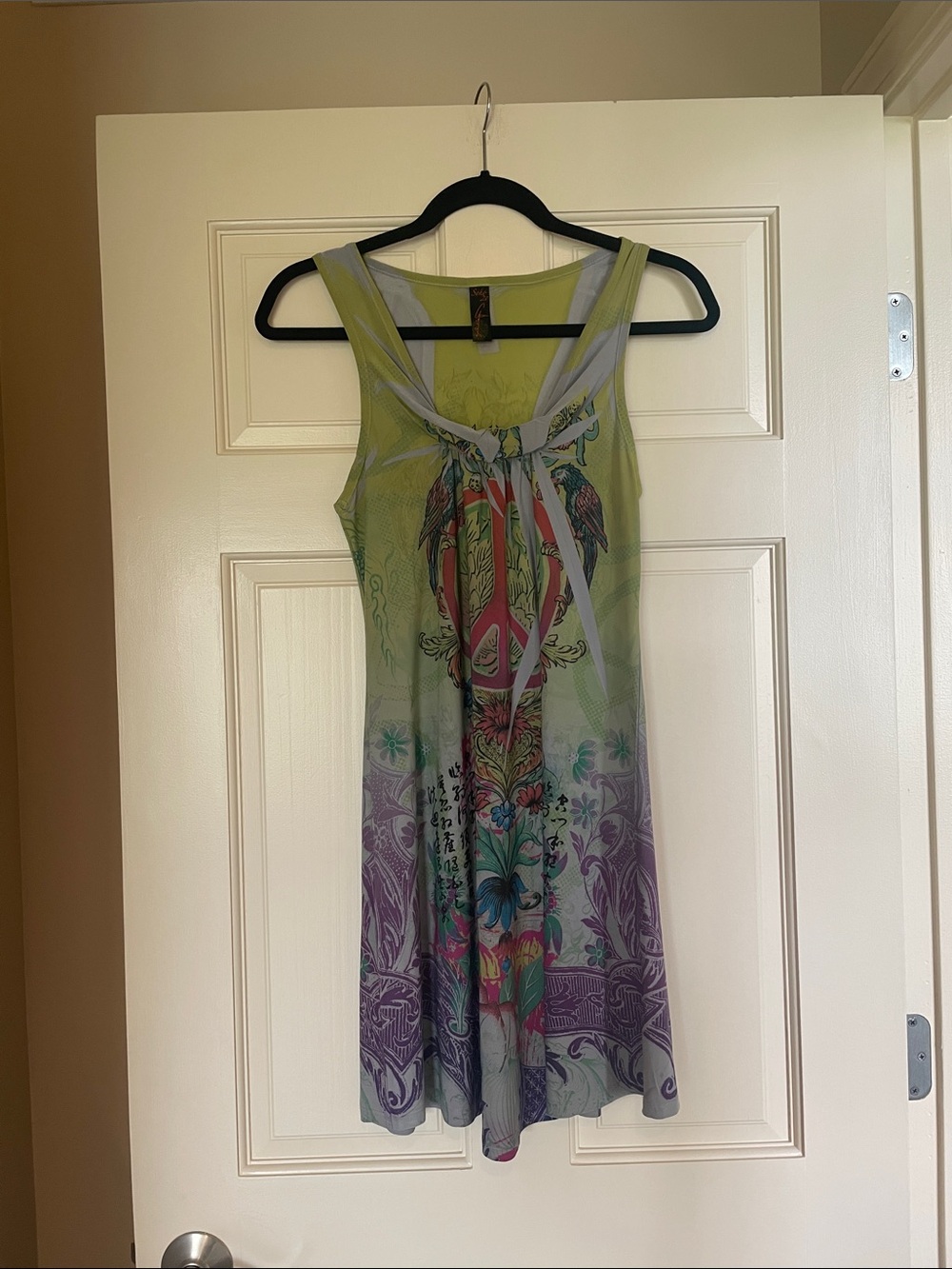 Boho Graphic Tank Dress with Peace Motif - Green & Purple